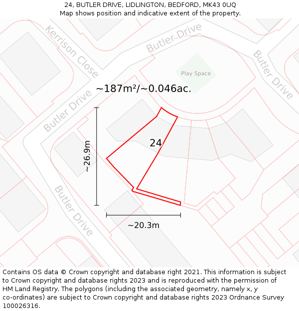 24, BUTLER DRIVE, LIDLINGTON, BEDFORD, MK43 0UQ: Plot and title map