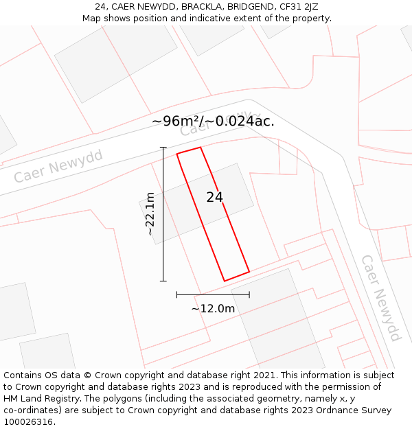 24, CAER NEWYDD, BRACKLA, BRIDGEND, CF31 2JZ: Plot and title map