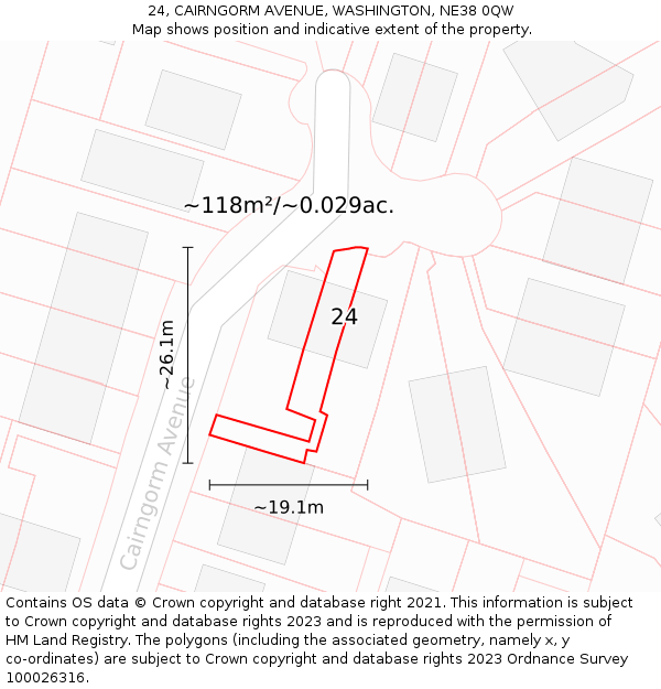 24, CAIRNGORM AVENUE, WASHINGTON, NE38 0QW: Plot and title map