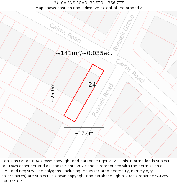24, CAIRNS ROAD, BRISTOL, BS6 7TZ: Plot and title map