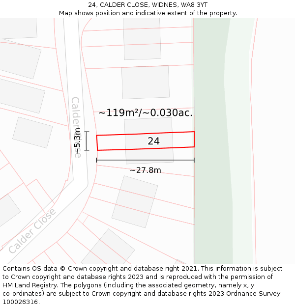 24, CALDER CLOSE, WIDNES, WA8 3YT: Plot and title map