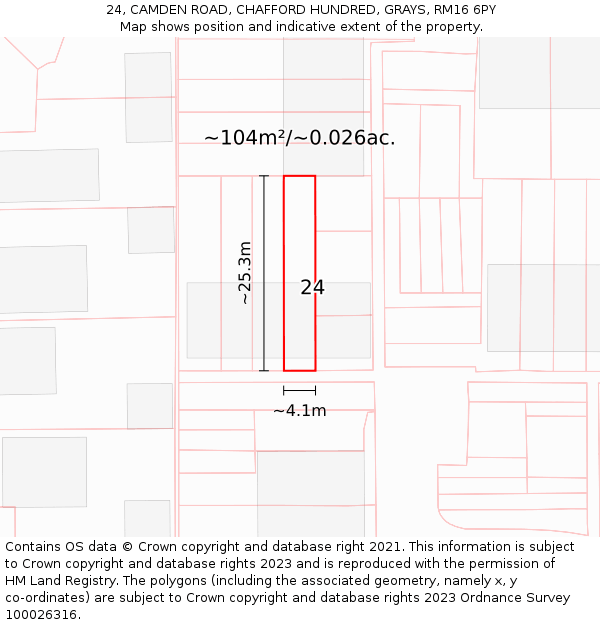 24, CAMDEN ROAD, CHAFFORD HUNDRED, GRAYS, RM16 6PY: Plot and title map