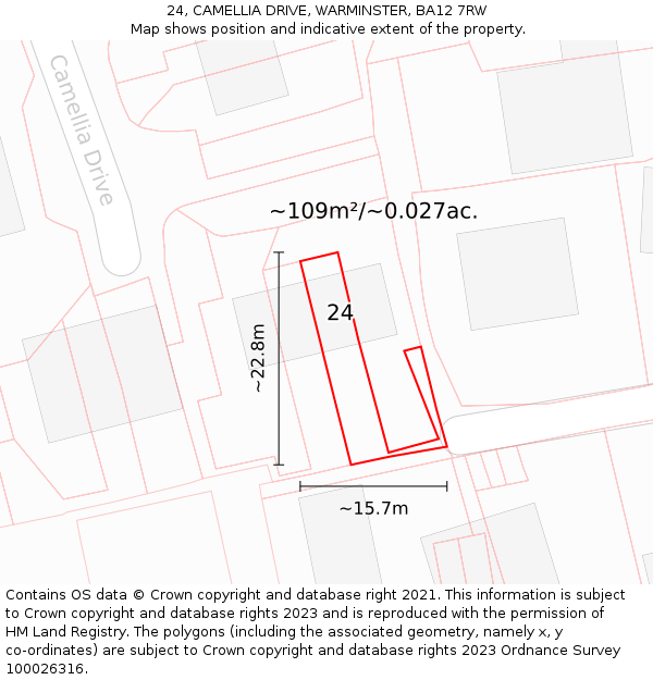 24, CAMELLIA DRIVE, WARMINSTER, BA12 7RW: Plot and title map