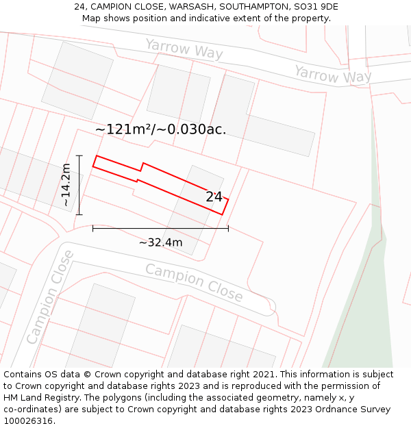 24, CAMPION CLOSE, WARSASH, SOUTHAMPTON, SO31 9DE: Plot and title map