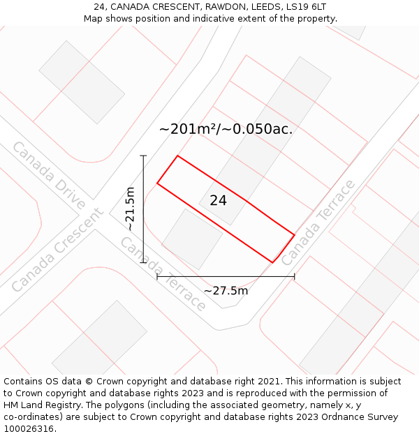 24, CANADA CRESCENT, RAWDON, LEEDS, LS19 6LT: Plot and title map