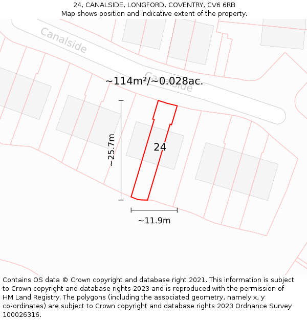 24, CANALSIDE, LONGFORD, COVENTRY, CV6 6RB: Plot and title map