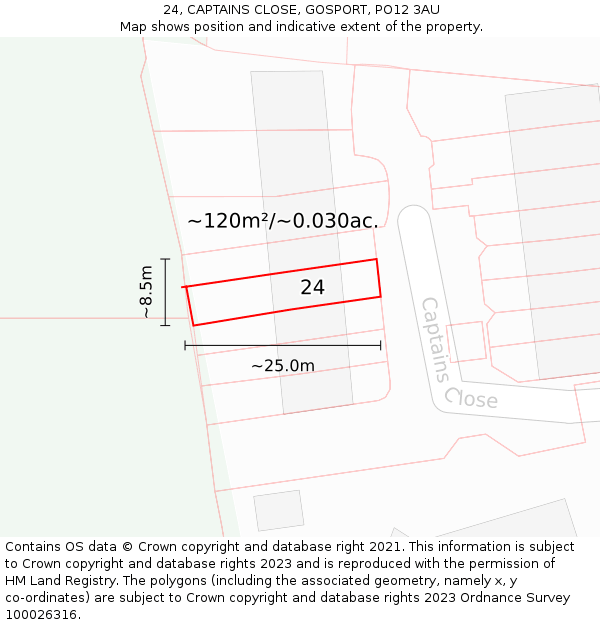 24, CAPTAINS CLOSE, GOSPORT, PO12 3AU: Plot and title map