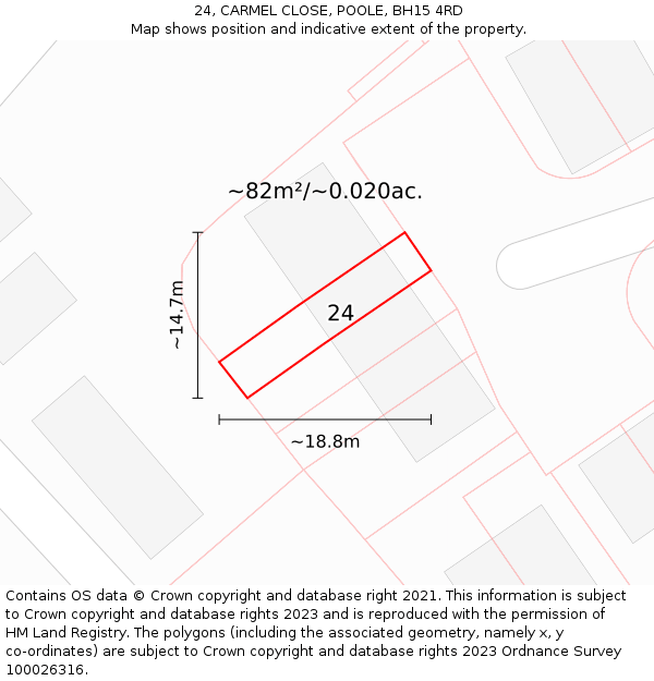 24, CARMEL CLOSE, POOLE, BH15 4RD: Plot and title map