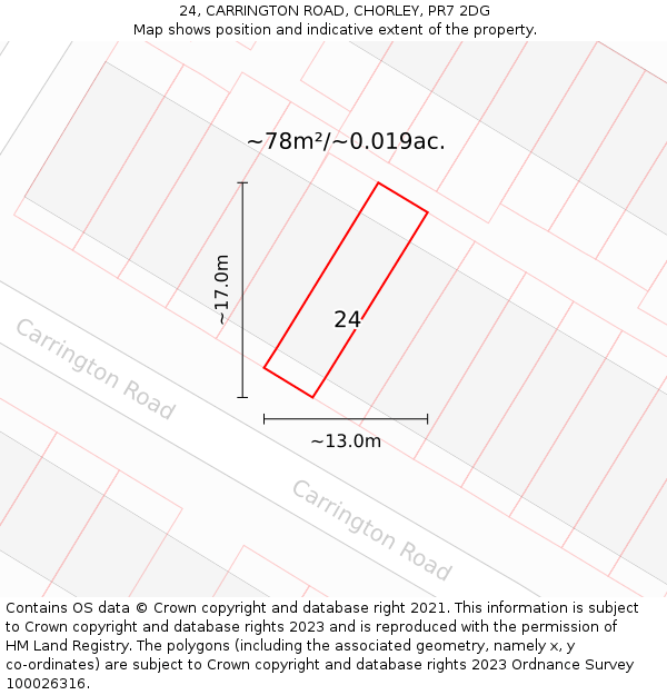 24, CARRINGTON ROAD, CHORLEY, PR7 2DG: Plot and title map