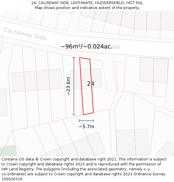 24, CAUSEWAY SIDE, LINTHWAITE, HUDDERSFIELD, HD7 5NL: Plot and title map
