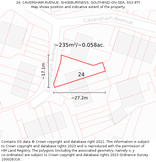 24, CAVERSHAM AVENUE, SHOEBURYNESS, SOUTHEND-ON-SEA, SS3 8TY: Plot and title map