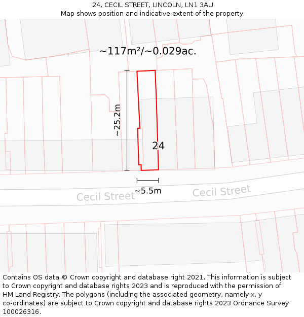 24, CECIL STREET, LINCOLN, LN1 3AU: Plot and title map