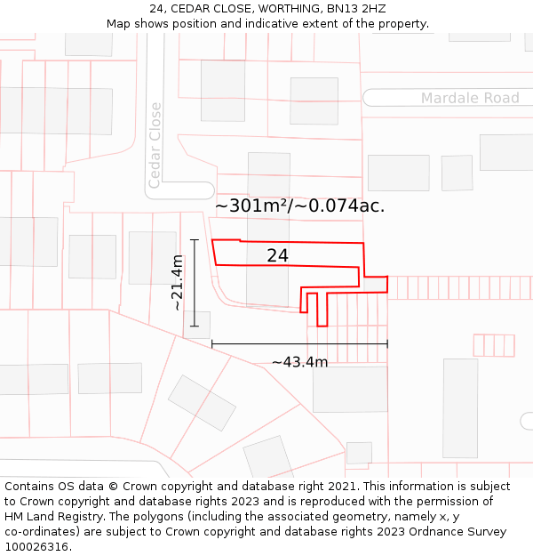 24, CEDAR CLOSE, WORTHING, BN13 2HZ: Plot and title map