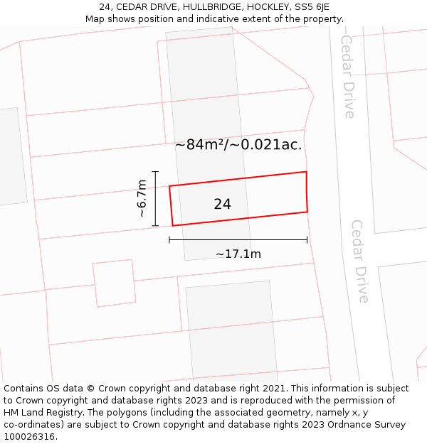 24, CEDAR DRIVE, HULLBRIDGE, HOCKLEY, SS5 6JE: Plot and title map