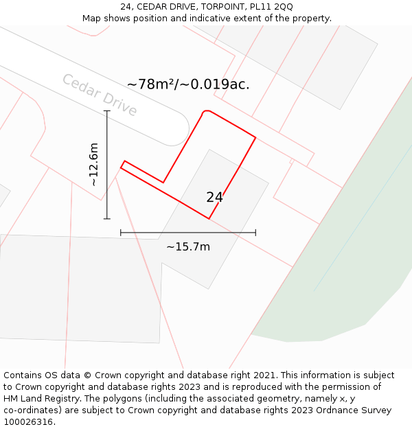 24, CEDAR DRIVE, TORPOINT, PL11 2QQ: Plot and title map