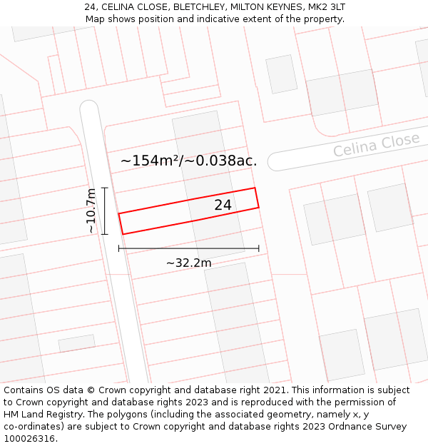 24, CELINA CLOSE, BLETCHLEY, MILTON KEYNES, MK2 3LT: Plot and title map