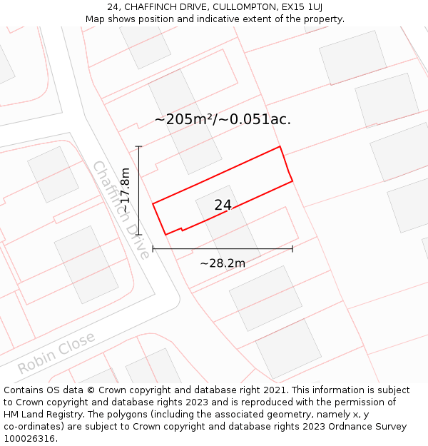 24, CHAFFINCH DRIVE, CULLOMPTON, EX15 1UJ: Plot and title map