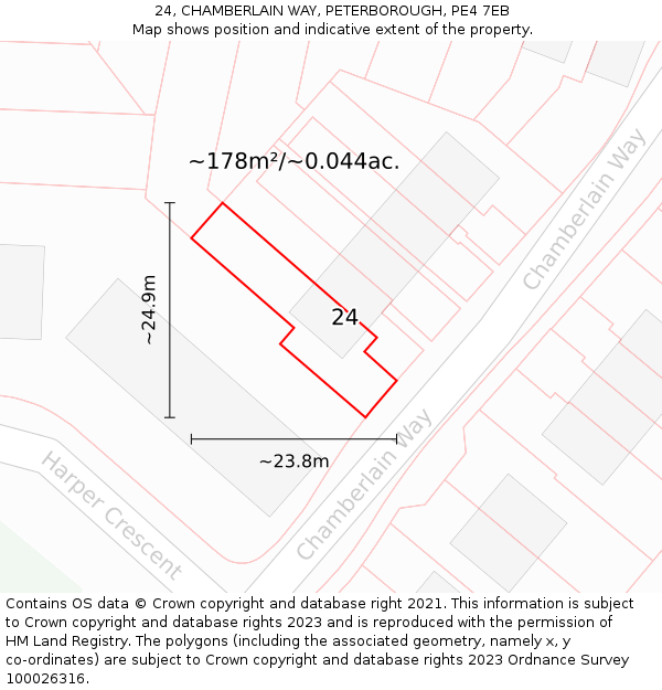 24, CHAMBERLAIN WAY, PETERBOROUGH, PE4 7EB: Plot and title map