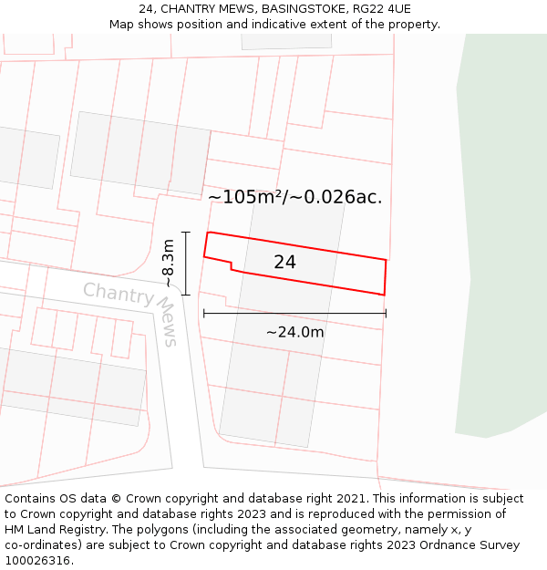 24, CHANTRY MEWS, BASINGSTOKE, RG22 4UE: Plot and title map