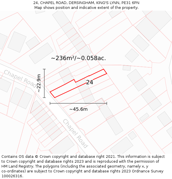 24, CHAPEL ROAD, DERSINGHAM, KING'S LYNN, PE31 6PN: Plot and title map