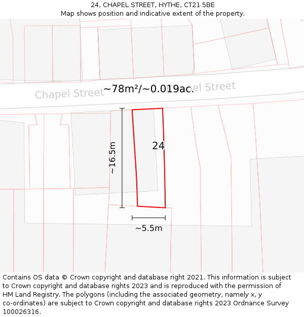 24, CHAPEL STREET, HYTHE, CT21 5BE: Plot and title map