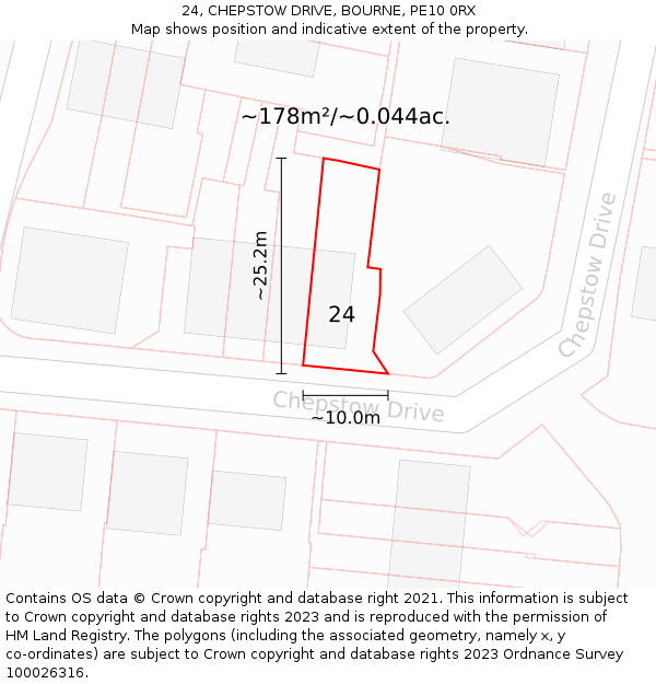 24, CHEPSTOW DRIVE, BOURNE, PE10 0RX: Plot and title map