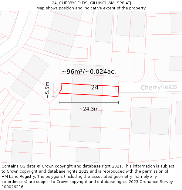 24, CHERRYFIELDS, GILLINGHAM, SP8 4TJ: Plot and title map