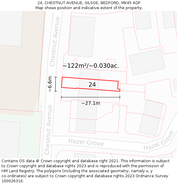 24, CHESTNUT AVENUE, SILSOE, BEDFORD, MK45 4GP: Plot and title map