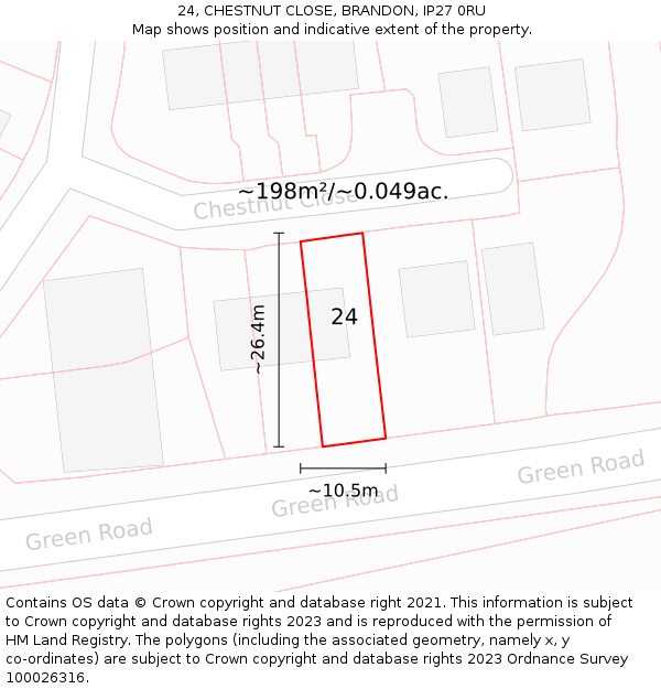 24, CHESTNUT CLOSE, BRANDON, IP27 0RU: Plot and title map