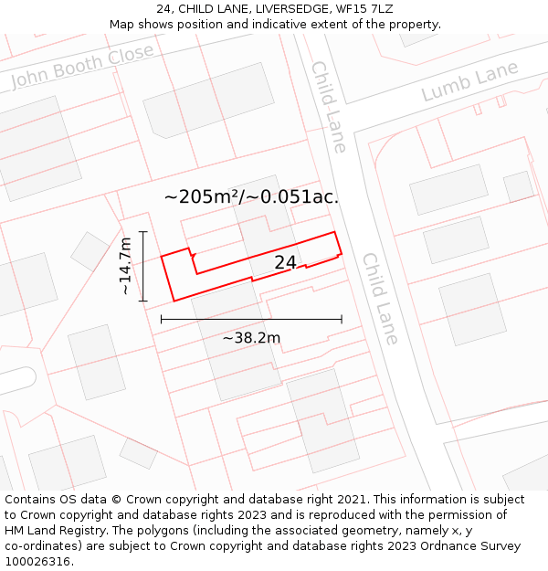 24, CHILD LANE, LIVERSEDGE, WF15 7LZ: Plot and title map