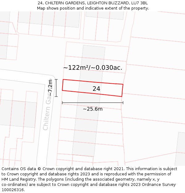 24, CHILTERN GARDENS, LEIGHTON BUZZARD, LU7 3BL: Plot and title map