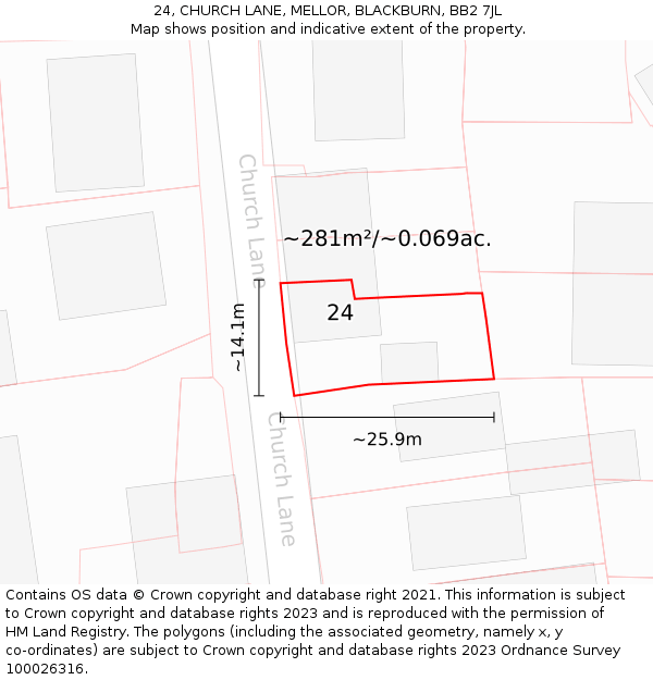 24, CHURCH LANE, MELLOR, BLACKBURN, BB2 7JL: Plot and title map
