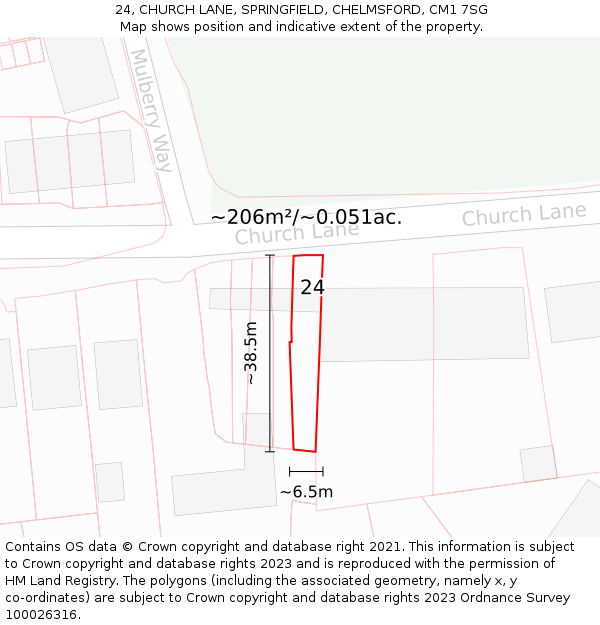 24, CHURCH LANE, SPRINGFIELD, CHELMSFORD, CM1 7SG: Plot and title map