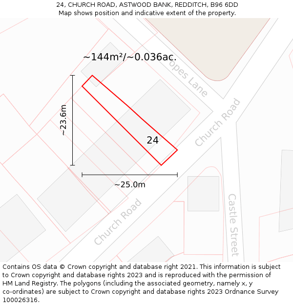 24, CHURCH ROAD, ASTWOOD BANK, REDDITCH, B96 6DD: Plot and title map