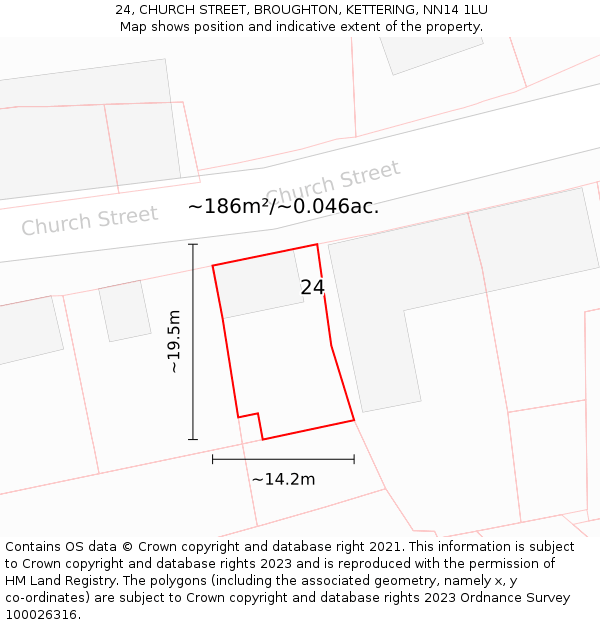24, CHURCH STREET, BROUGHTON, KETTERING, NN14 1LU: Plot and title map