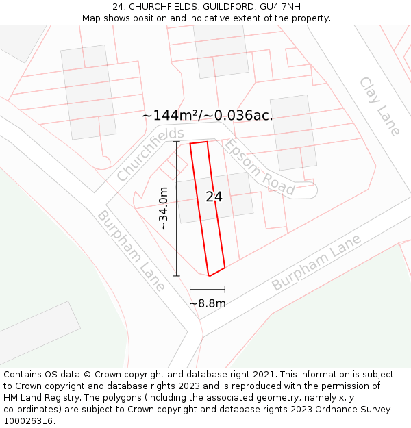 24, CHURCHFIELDS, GUILDFORD, GU4 7NH: Plot and title map