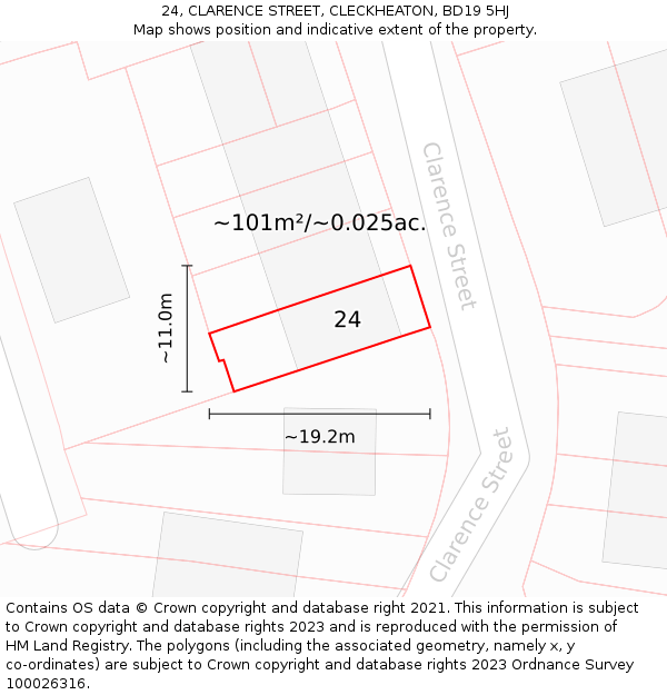 24, CLARENCE STREET, CLECKHEATON, BD19 5HJ: Plot and title map