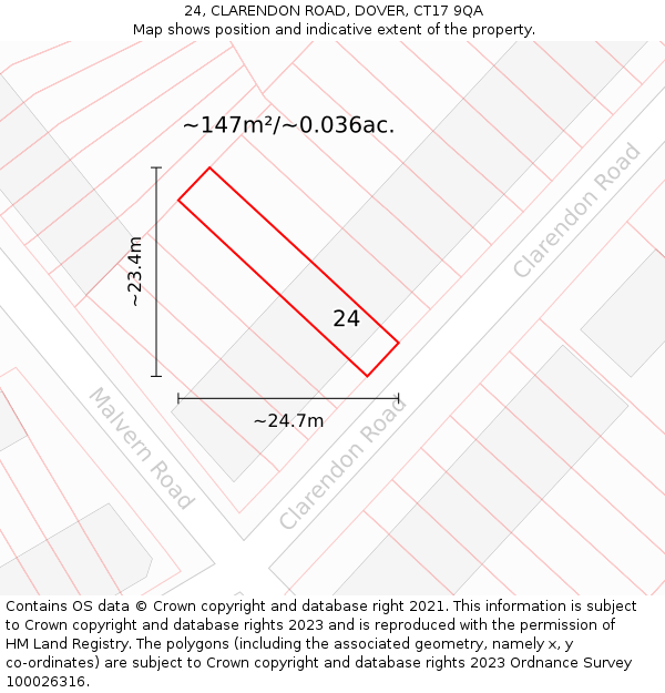 24, CLARENDON ROAD, DOVER, CT17 9QA: Plot and title map