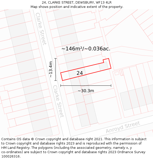 24, CLARKE STREET, DEWSBURY, WF13 4LR: Plot and title map