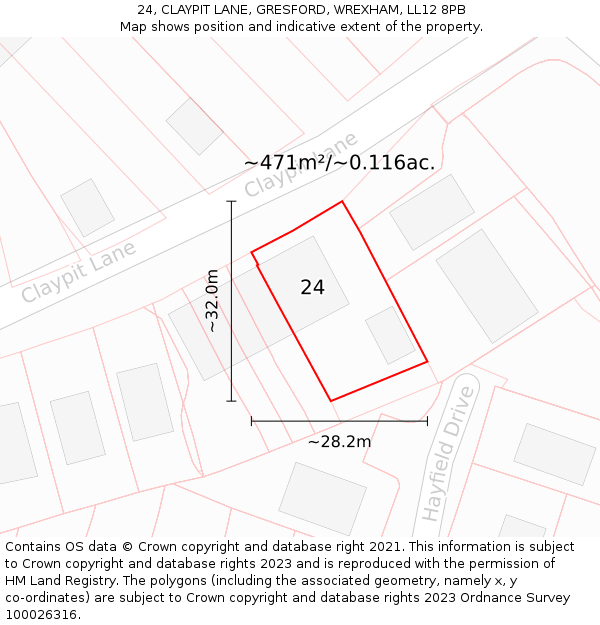 24, CLAYPIT LANE, GRESFORD, WREXHAM, LL12 8PB: Plot and title map