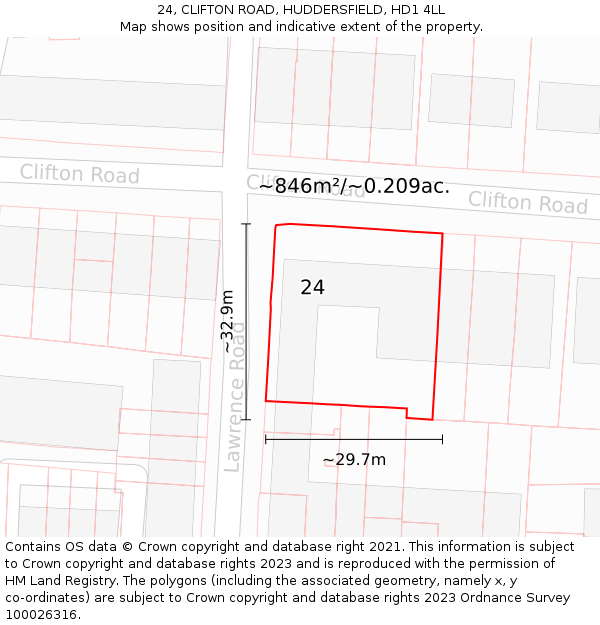 24, CLIFTON ROAD, HUDDERSFIELD, HD1 4LL: Plot and title map