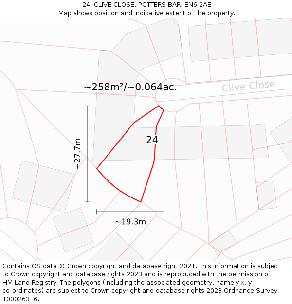 24, CLIVE CLOSE, POTTERS BAR, EN6 2AE: Plot and title map