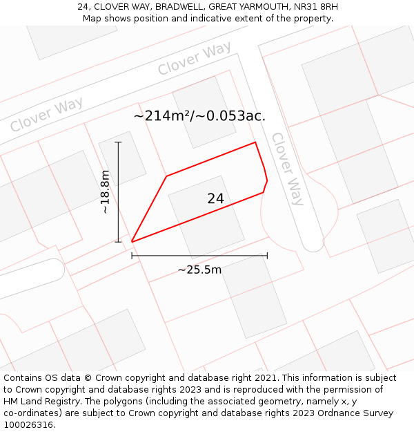 24, CLOVER WAY, BRADWELL, GREAT YARMOUTH, NR31 8RH: Plot and title map