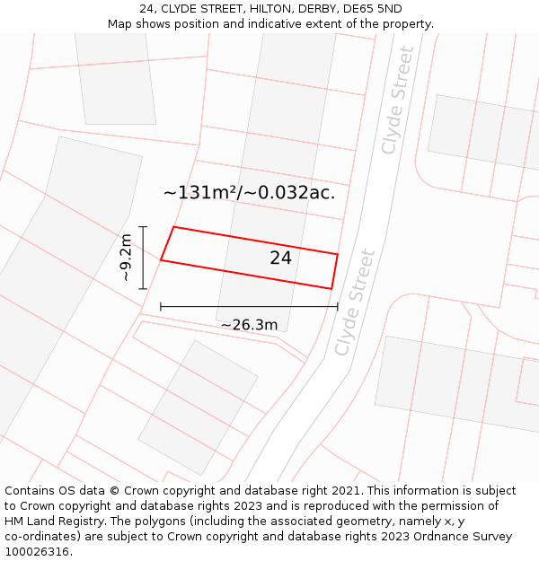 24, CLYDE STREET, HILTON, DERBY, DE65 5ND: Plot and title map