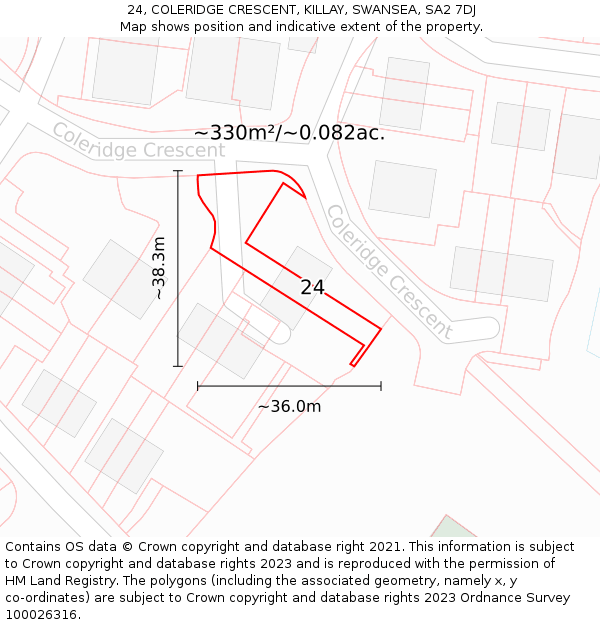 24, COLERIDGE CRESCENT, KILLAY, SWANSEA, SA2 7DJ: Plot and title map