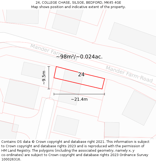 24, COLLEGE CHASE, SILSOE, BEDFORD, MK45 4GE: Plot and title map