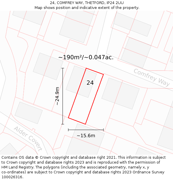 24, COMFREY WAY, THETFORD, IP24 2UU: Plot and title map