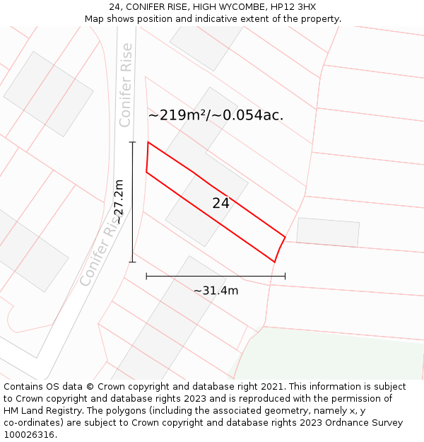 24, CONIFER RISE, HIGH WYCOMBE, HP12 3HX: Plot and title map