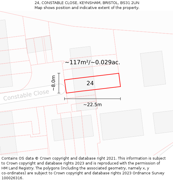 24, CONSTABLE CLOSE, KEYNSHAM, BRISTOL, BS31 2UN: Plot and title map