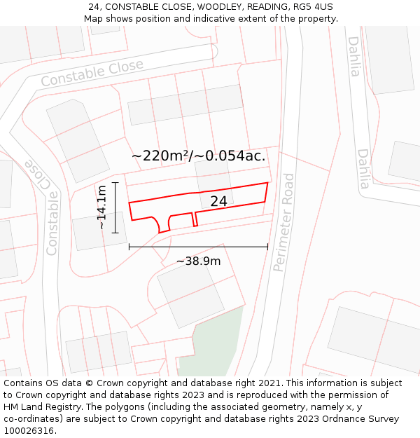 24, CONSTABLE CLOSE, WOODLEY, READING, RG5 4US: Plot and title map